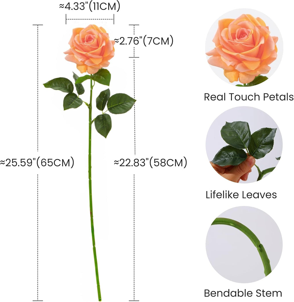 Real Touch Artificial Roses, 5Pcs Peach Coral Faux Silk Flowers