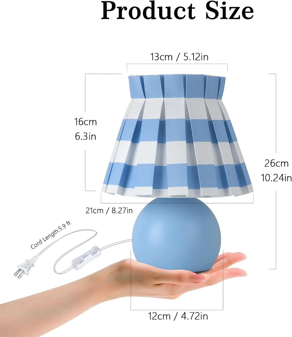 Ziqqeelam Blue White Plaid Small Bedside Table Lamp, Round Blue Base Nightstand Lamp, Cute Mini Table Lamp with Pleated Shade for Bedroom, Kitchen Counter, Bookshelf, Living Room, Kids Dorm