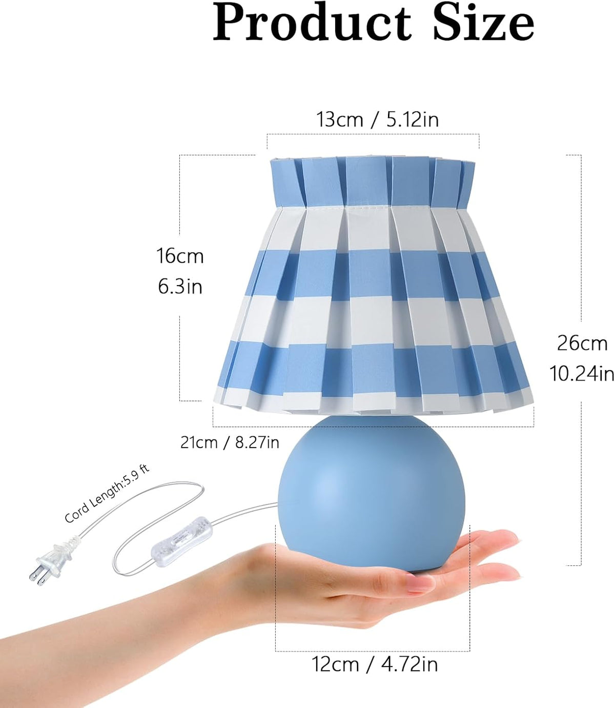 Ziqqeelam Blue White Plaid Small Bedside Table Lamp, Round Blue Base Nightstand Lamp, Cute Mini Table Lamp with Pleated Shade for Bedroom, Kitchen Counter, Bookshelf, Living Room, Kids Dorm