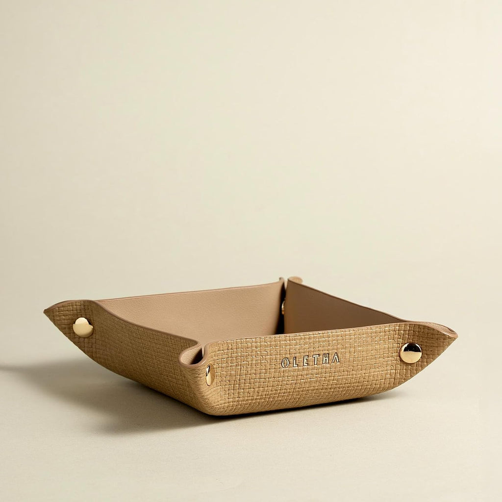 OLETHA Foldable Valet Tray, Travel Essentials, Raffia Embossed, Wheat