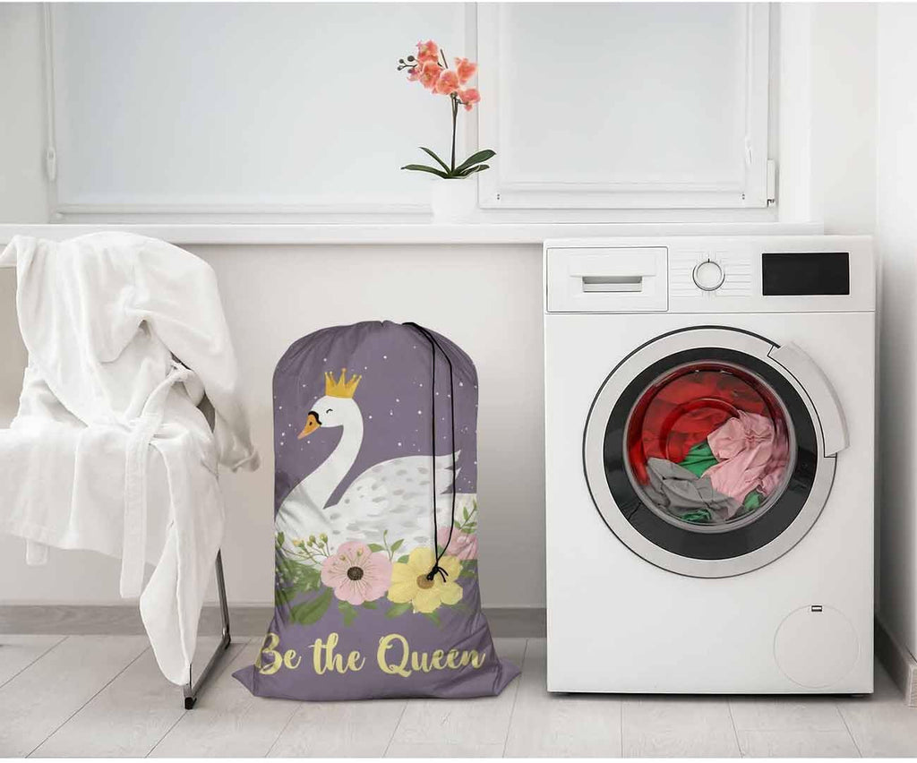 Swono Swan Dining Toy Storage Heavy Duty Basket Laundry Bag with Drawstring White Dreaming Swan Princess with Crown Be The Queen Floral Folding Organizer for Travel Washing Machine, Purple