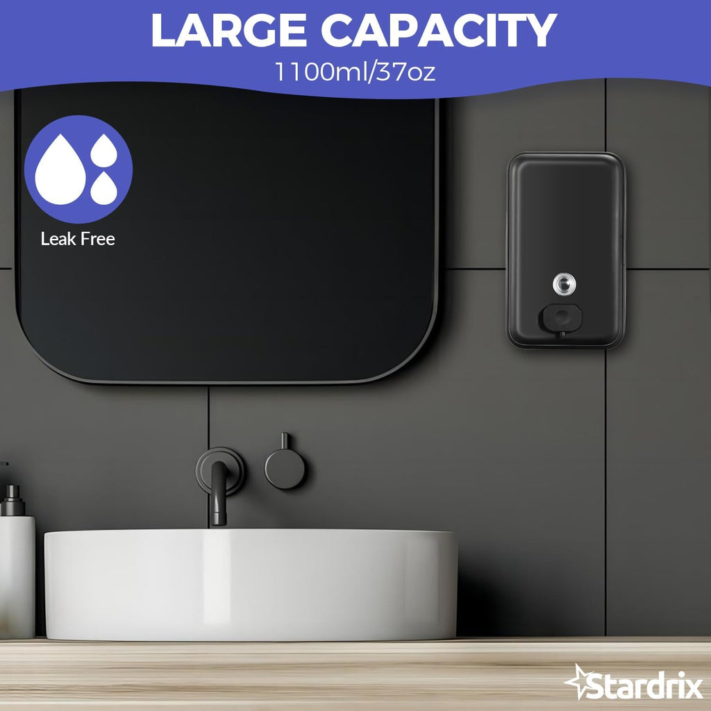 Stardrix Matte Black Stainless Steel Vertical 1100ml/37oz Capacity Commercial-Grade Soap Dispenser, Wall-Mounted Bathroom Hand Soap Dispenser with Corrosion-Proof Lining and Anti-Leak Pump