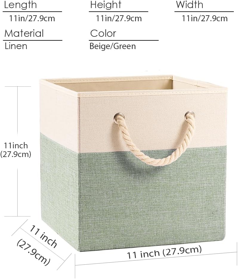 PRANDOM Large Foldable Cube Storage Bins 11x11 inch [4-Pack] Fabric Linen Storage Baskets Cubes Drawer with Cotton Handles Organizer for Shelves Nursery Closet Bedroom Beige/Green
