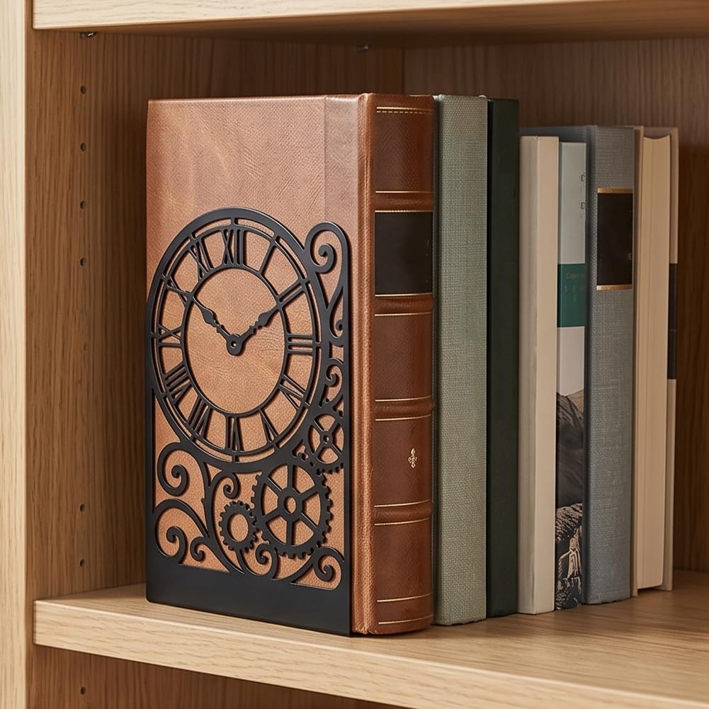 Clock Metal Bookends for Shelves, Timeless Clock Design Book Ends for Bookshelf Decorative Books, Book Ends for Heavy Books Used for Home Office Desk Organizer and Library Decor