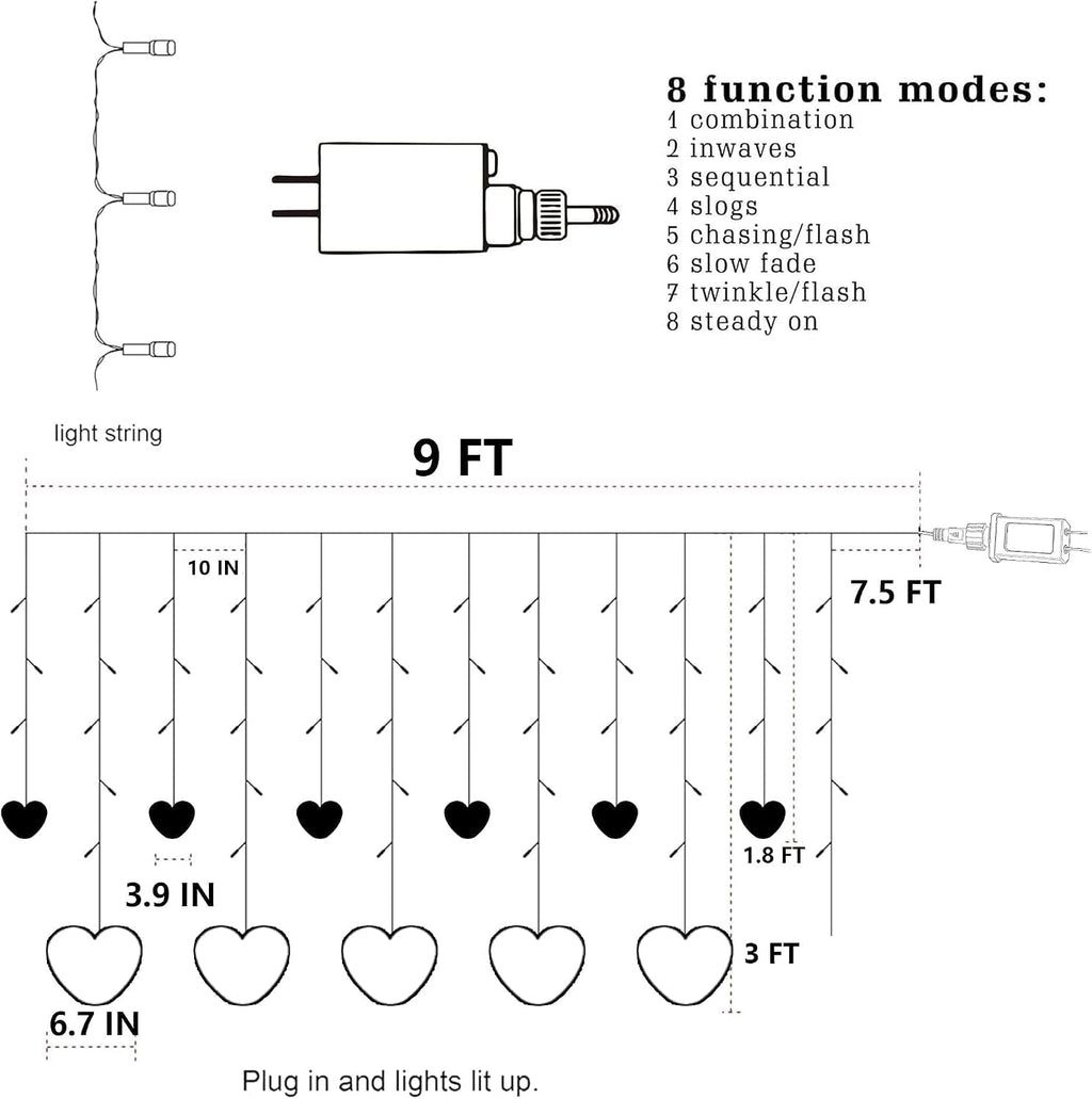 Dazzle Bright Valentines Day Lights, 138LED 9FT 12Heart Curtain String Lights with 8 Modes, Plug in Galentines Decorations for Indoor Window Outdoor Wedding Party Decor (Red)