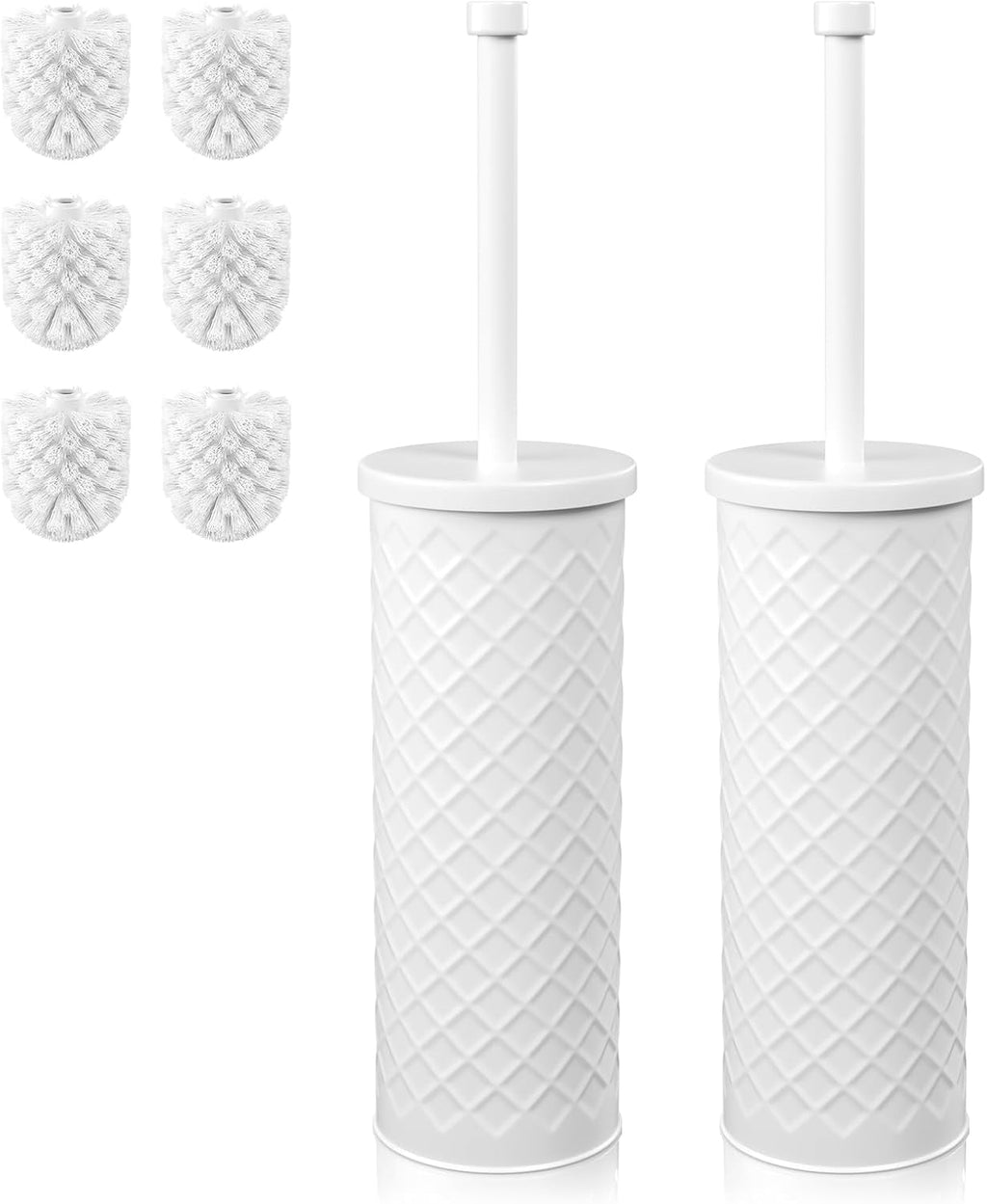 Toilet Bowl Brush and Holder Set 2 Pack with 4 Extra Brush Heads (White)