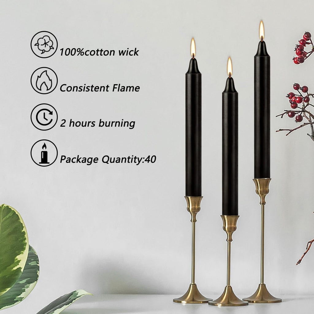 Black Taper Candles, 4 Inch, Unscented, 100% Cotton Wick, 2-Hour Burn Time, for Halloween, Rituals, Meditation, Altar, 40 Pack
