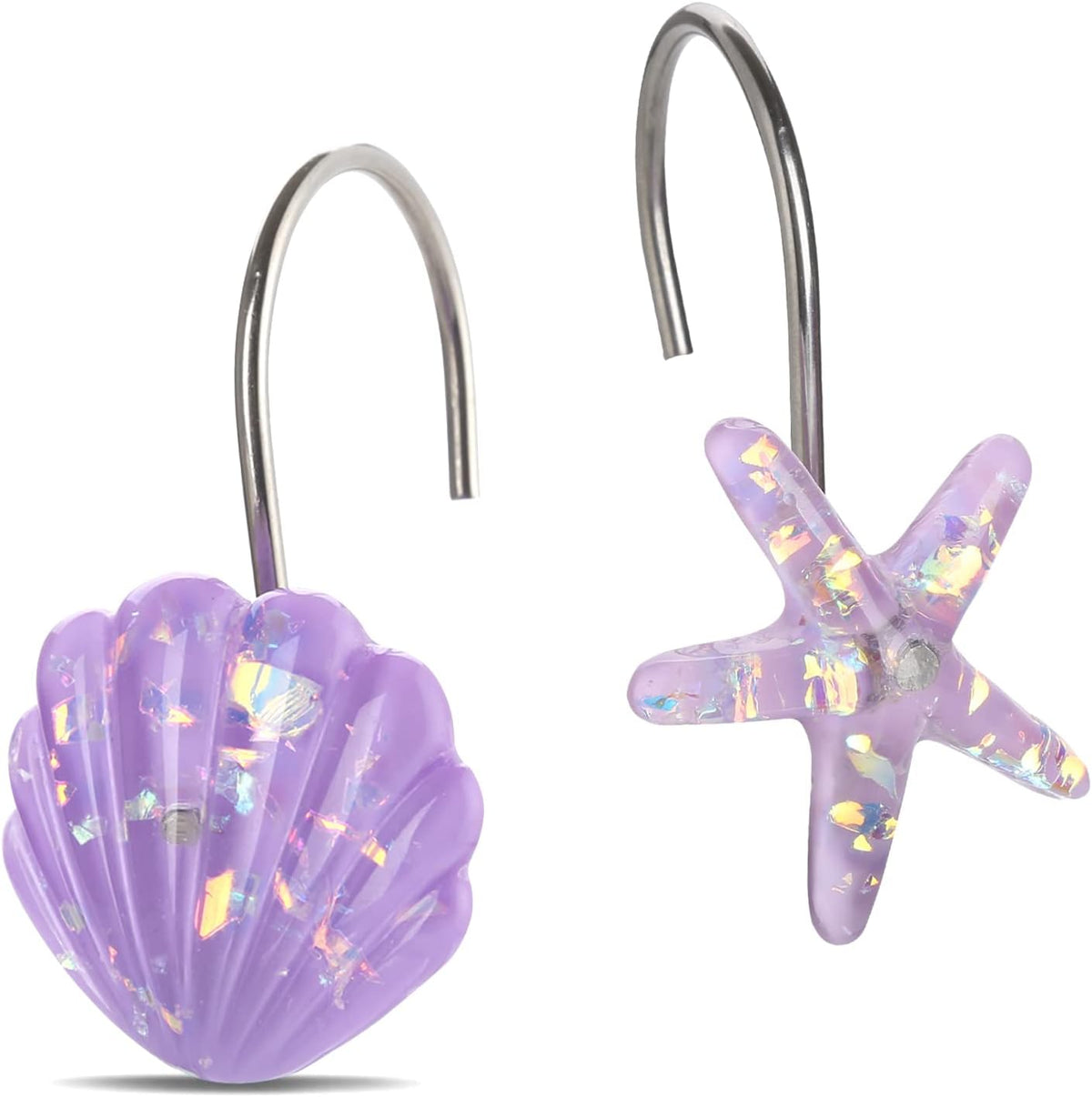Seashell Shower Curtain Hooks, 12PCS Stainless Steel Anti Rust Starfish and Seashell Decorative Shower Hooks Ocean Theme Shower Curtain Hooks for Home Bathroom (Purple Seashell)