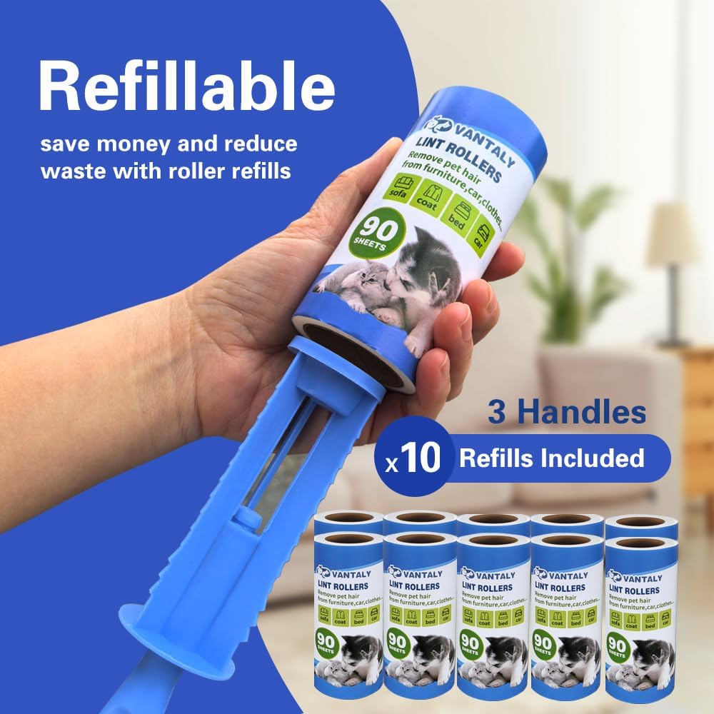Extra Sticky Lint Roller Mega Value Set 900 Sheets for Pet Hair Removal and Clothes, Dog and Cat Lint Remover, 10 Pack
