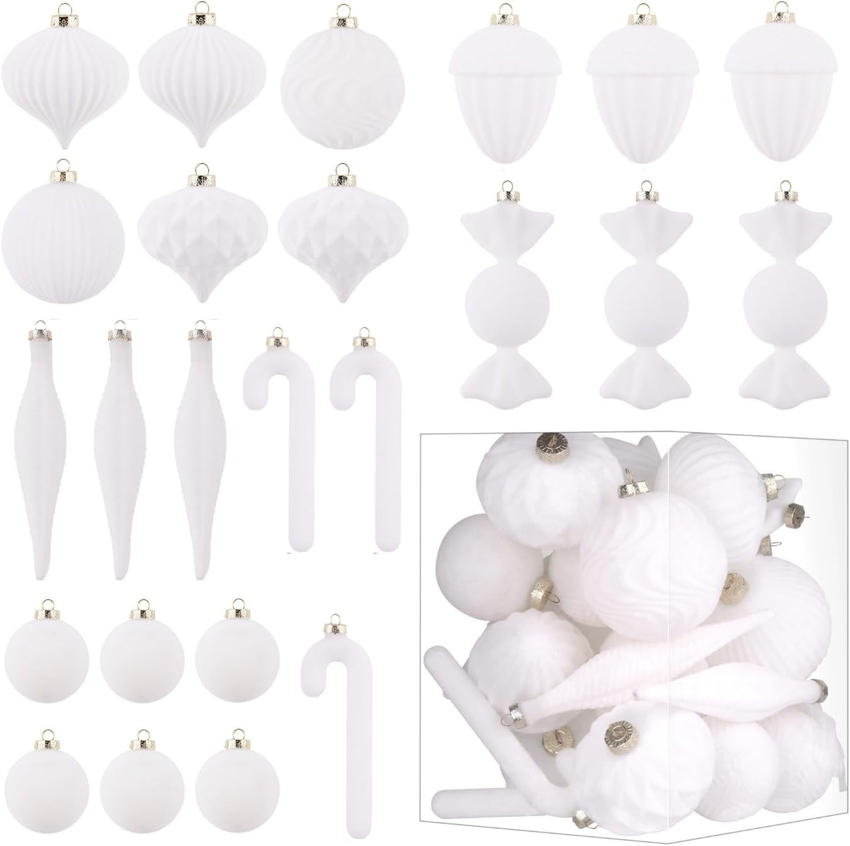 Velvet Ornaments for Christmas Tree Decorations - White Flocked Christmas Ornament Set for Winter Holiday Decor - Shatterproof Xmas Balls Ornaments Bulk - Pack of 24