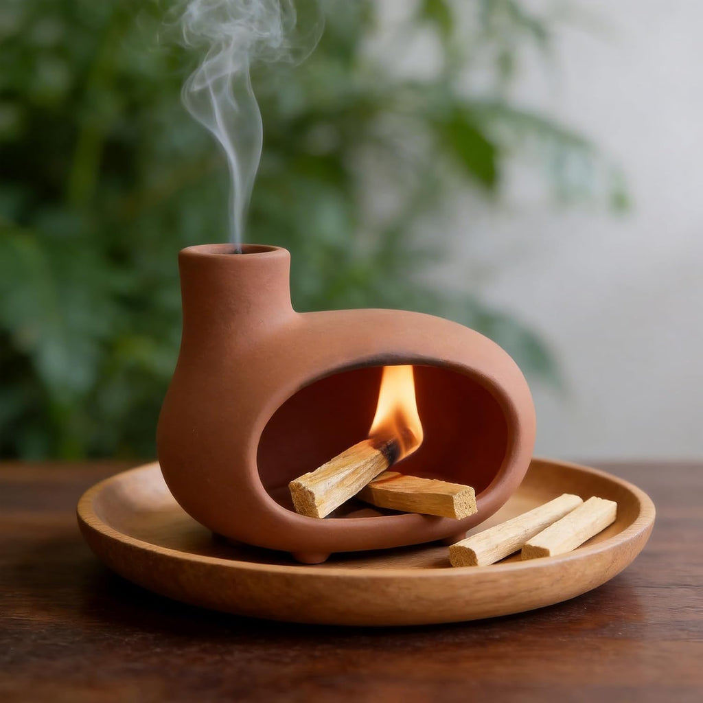 Orange-Red Terracotta Palo Santo Holder, Mini Chiminea Incense Burner