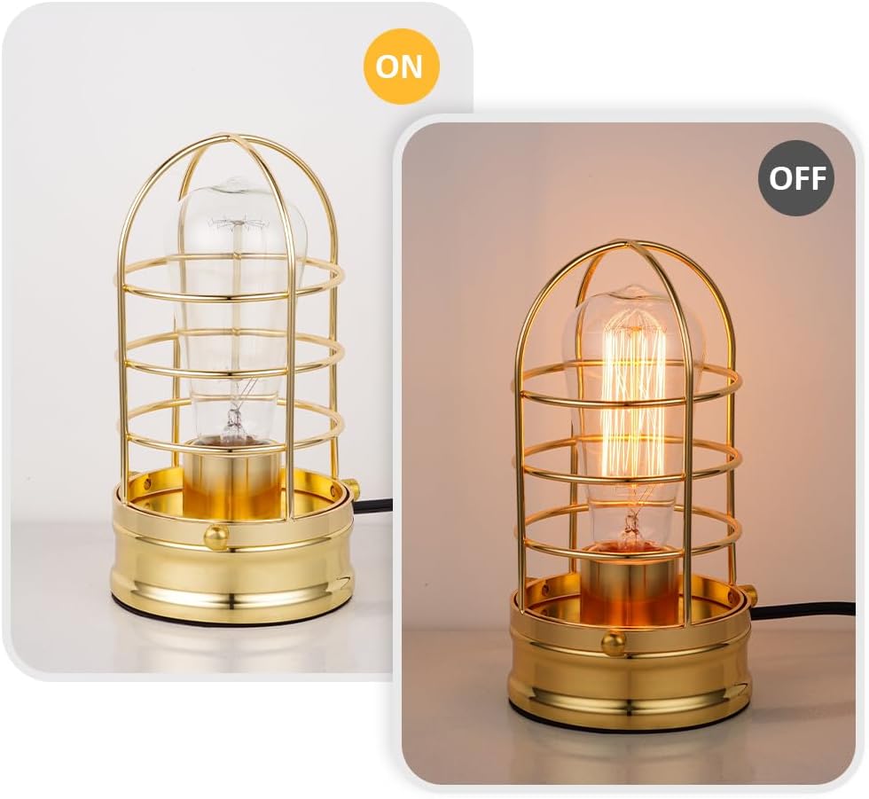 Small Industrial Table Lamp,Gold Plate Vintage Desk Light for Bedside