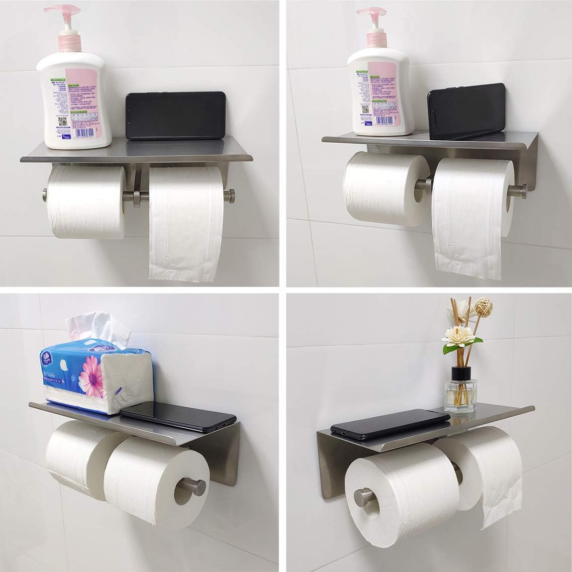 Large Double Toilet Paper Holder with Shelf, GZILA Dual Toilet Paper Rolls Holder Wall Mounted, Bathroom Mobile Phone Storage Rack, Tissue TP Dispenser, SUS304 Stainless Steel Brushed Nickel
