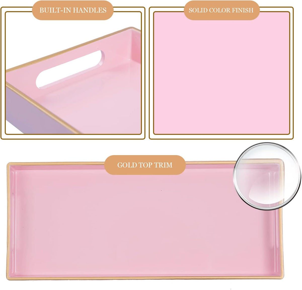 MAONAME Pink Bathroom Tray, Rectangular Toilet Tank Trays with Handles
