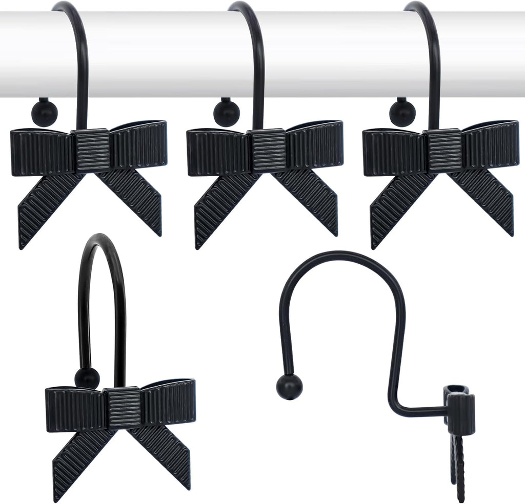Decorative Shower Curtain Hooks, Luxury Bowknot Shower Curtain Rings, Modern Bow Shower Curtain Hangers, 12PCS Shower Hooks for Home Decor, Bathroom, Bedroom, Living Room (Black)
