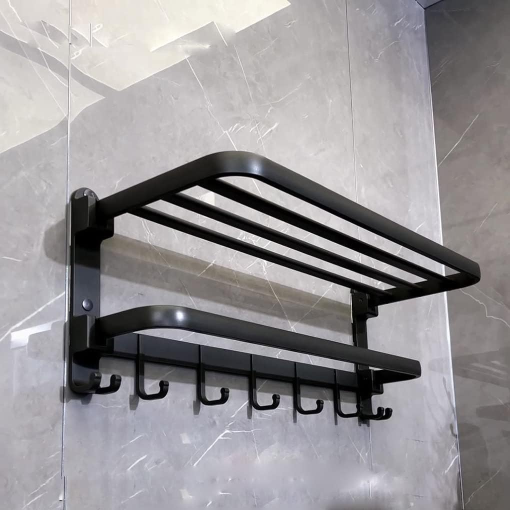 (1 Pack) Yariwiz Matte Black Towel Rack Wall Mounted No Drill and Screw Mounting, Bathroom Bath Shower Length 24 inch Double Towel Rod with Shelf Hotel Towel Rack B0503-MB