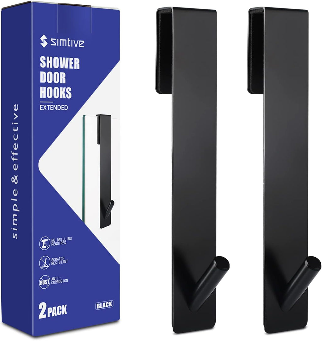Simtive Extended Shower Door Hooks (7-Inch), Towel Hooks for Bathroom Frameless Glass Shower Door, 2-Pack, Black