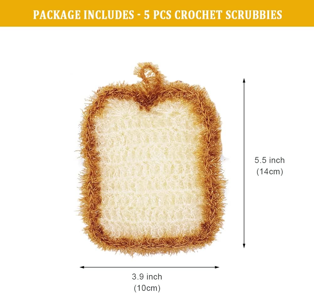 5 Pcs Cute Crochet Scrubbers, Toast Shaped No Odor Non-Scratch Reusable Scrub for Kitchen and Household Use Double Layered Scrubbers Cleaning Wash Sponge