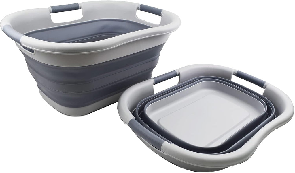 SAMMART 30L (7.9 gallon) Collapsible Plastic Laundry Basket - Foldable Pop Up Storage Container/Organizer - Portable Washing Tub - Space Saving Hamper/Basket (Grey/Dark Grey (Set of 2))