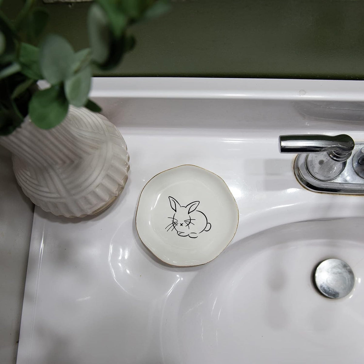 HOME SMILE Bunny Ring Dish,Rabbit Jewelry Tray,Easter Gifts for Women,Ceramic White,4"