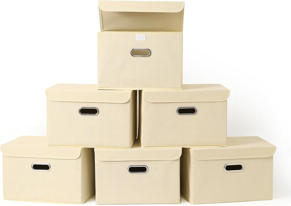 Fabric Foldable Collapsible Storage Cube Bin Organizer Basket with Lid, Handles, Removable Divider for Home, Closet (Creamy-White, 6Pcs)