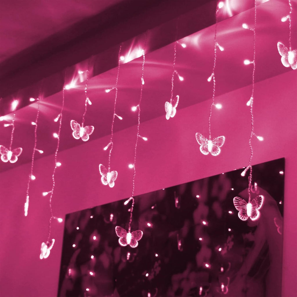 Butterfly Curtain Lights, 4.9ft 48 LED USB Window Fairy Lights 10 Butterflies 8 Modes Firefly Twinkle Timer String Lights with Remote for Room Bedroom Wall Ceiling Party Wedding Christmas (Pink)