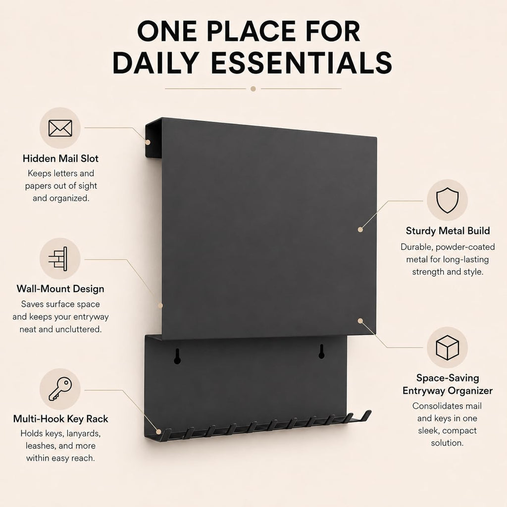 Key Holder Wall Mount,Mail Organizer with Hidden Storage,Minimalist Black