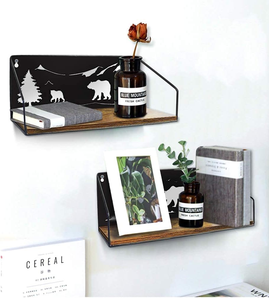 Giftgarden Floating Shelves for Wall with Unique Adorable Bears Cutouts, Rustic Wooden Iron Wall Shelf Bear Decor for Bathroom Cabin Lodge Bedroom Kitchen Living Room Nursery, Black, Set of 2