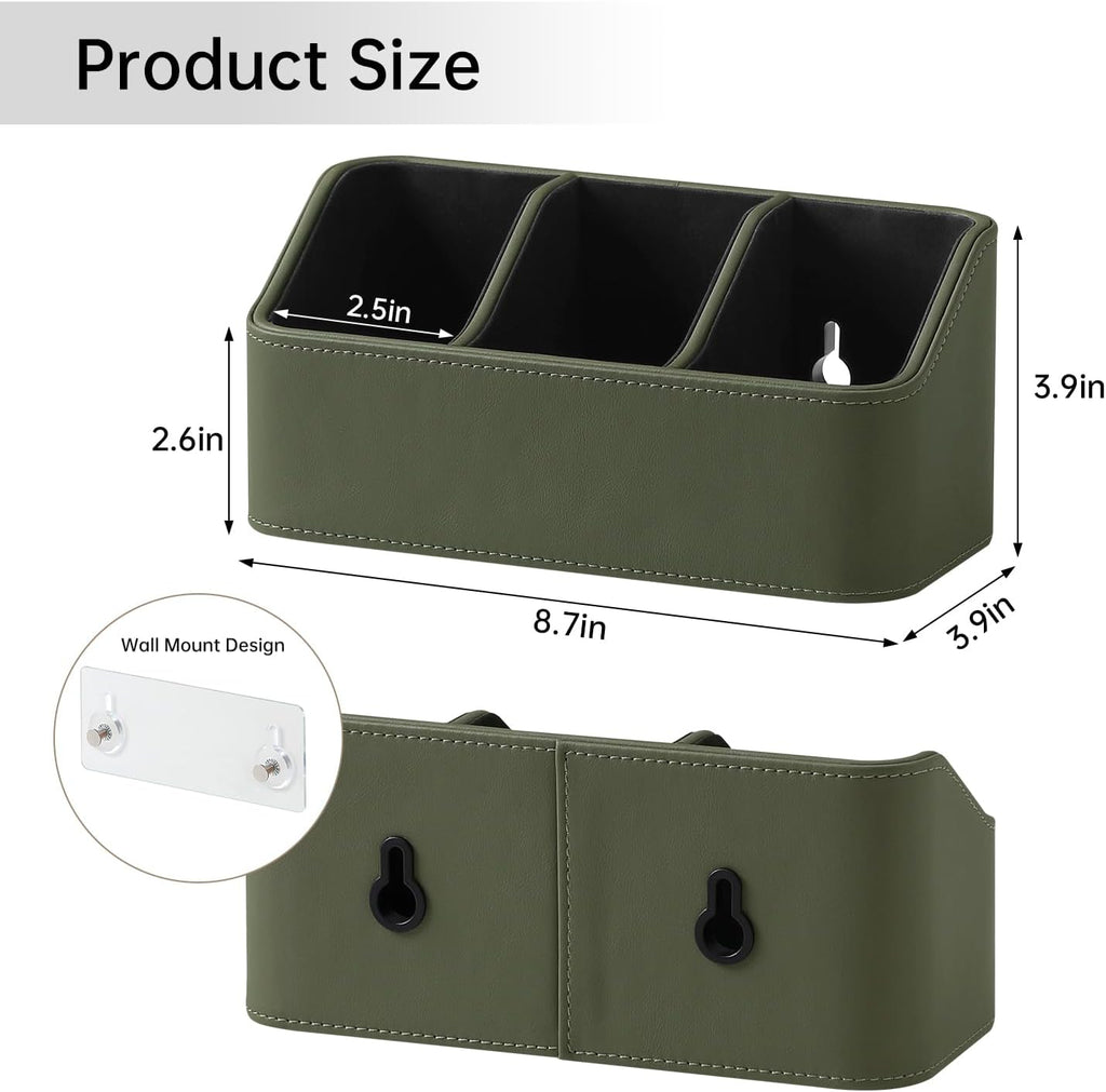 Hole-Free Wall-Mounted PU Leather Remote Control Holder, 3-Compartment Desktop Organizer, Perfect for Living Room, Bedroom, TV Side, Bathroom and More (Green)