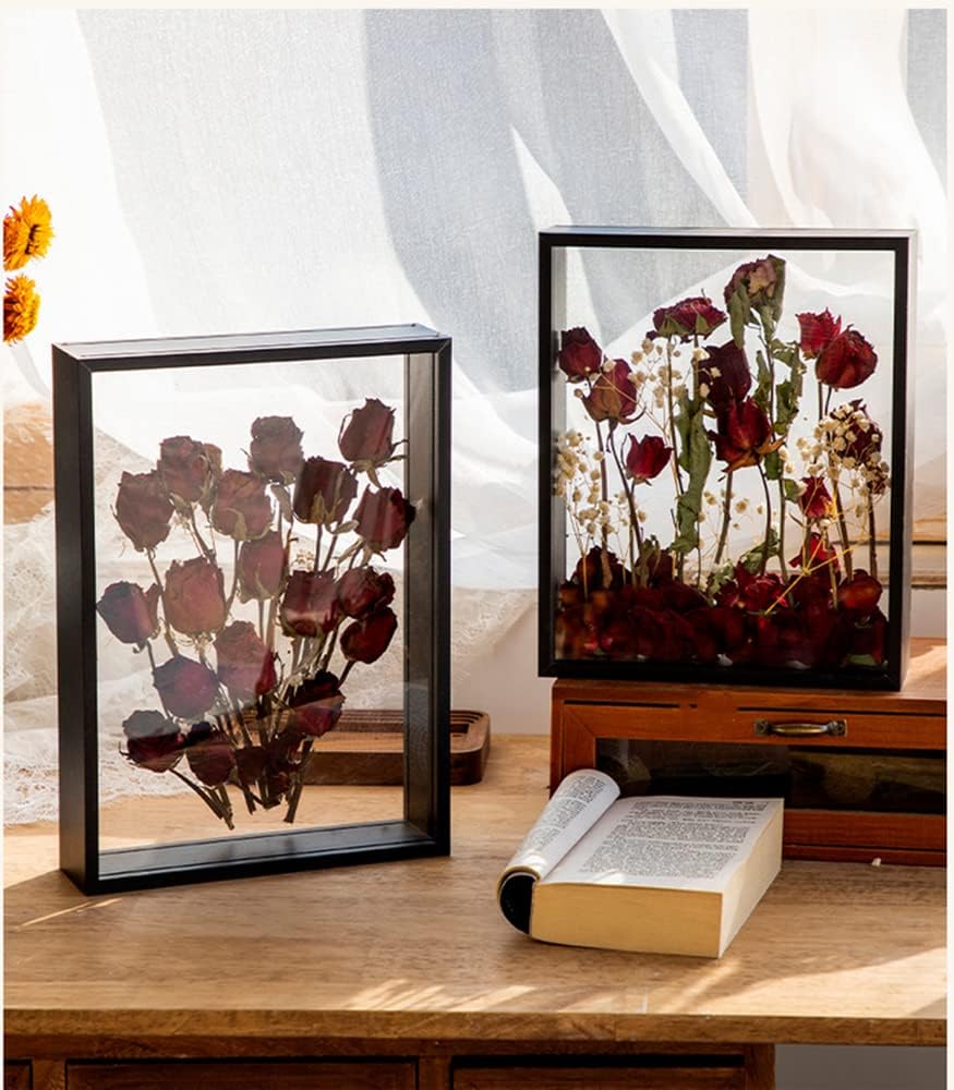 Wooden Dried Flower Photo Frame Dried Flower Display Stand Decorative Floating Photo Frame,Double Sided Plexiglass Shadow Box Picture Frame,for Display Dried Flowers,Handicrafts(black-8x12)