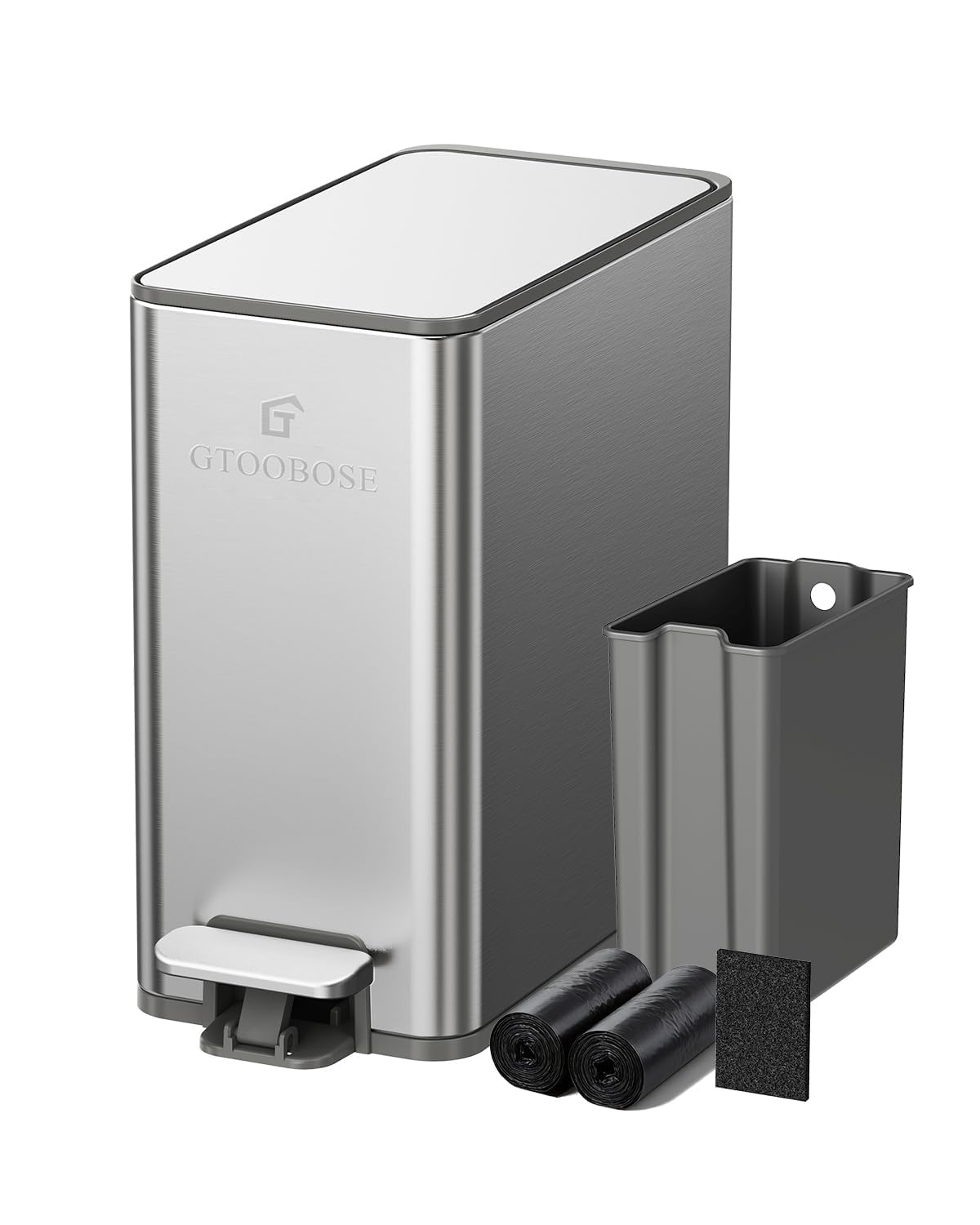 10L/2.6G Slim Bathroom Trash Can, Narrow Stainless Steel Soft-Close Step Pedal Bin with Lid, Odor Control Carbon Box, Removable Inner Bucket, Small Waste Bin for Bedroom, Office, RV (Silver)