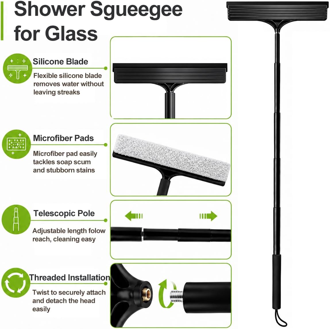 2 in 1 Window Squeegee with Adjustable Telescopic Pole, Shower Glass Squeegee for Indoor Outdoor Windows, Glass Doors, Shower Stalls, Car Windshield, Bathroom Tiles and Hard Floors
