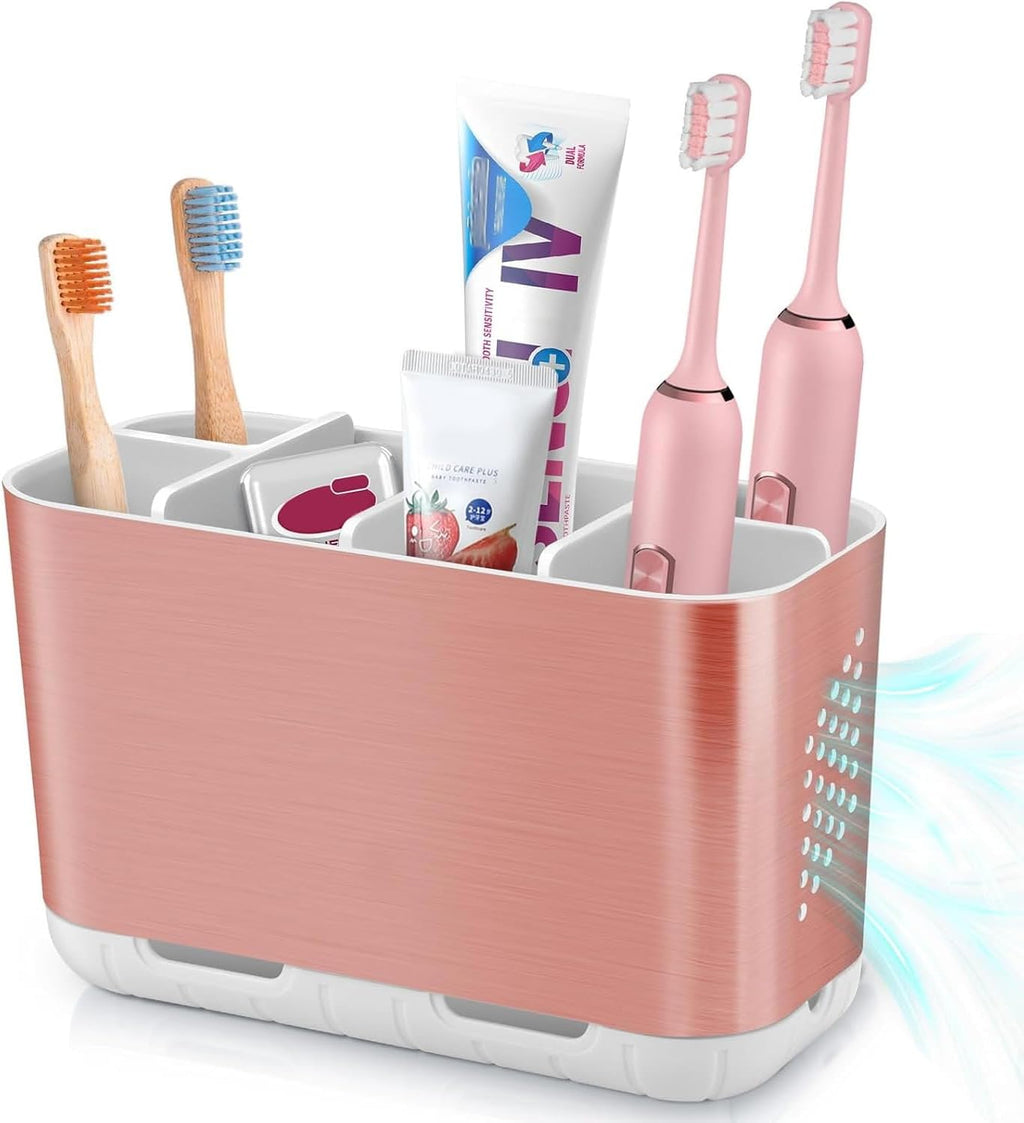 Boperzi Toothbrush Holders for Bathrooms Countertop, Electric Tooth Brush Holder with Adjustable Dividers, Detachable Anti-Slip Large Toothpaste Caddy Organizer Storage for Shower, Family, Kids, Pink