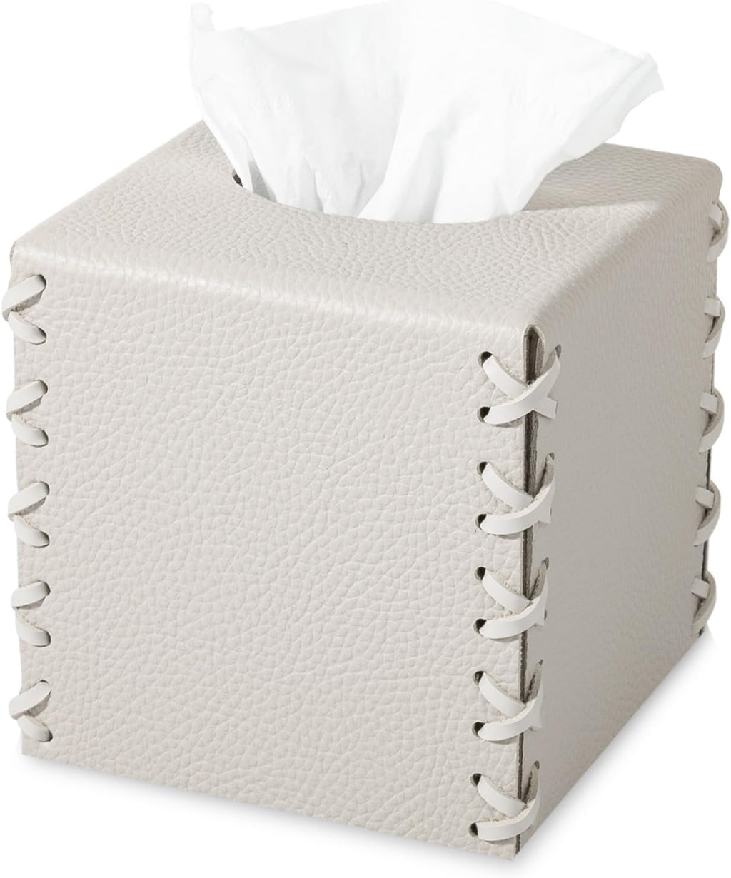 Tissue Box Cover PU Leather Tissue Holder Square Decorative Home Decor Cube Boxes for Bathroom, Kitchen, Nightstand, Office Desk Essentials, Griege