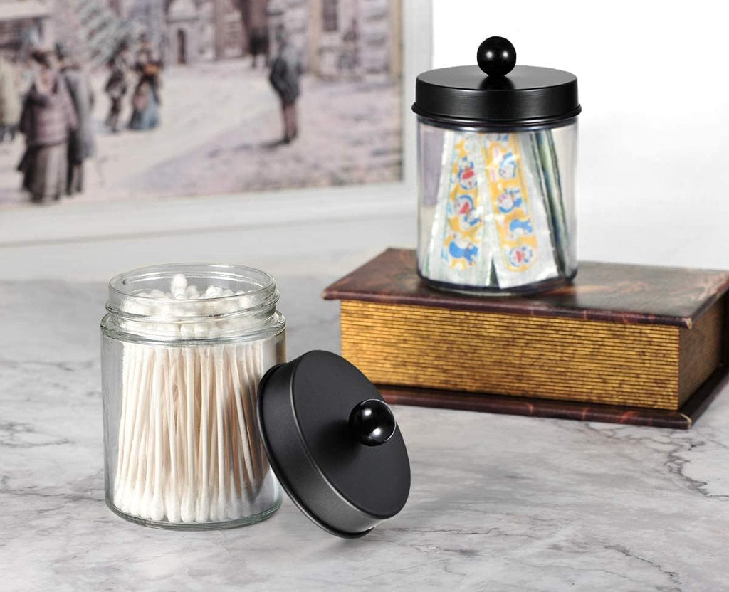 Amolliar Apothecary Jar Qtip Holder w/Metal Lid Glass,Glass, Black 2Pack