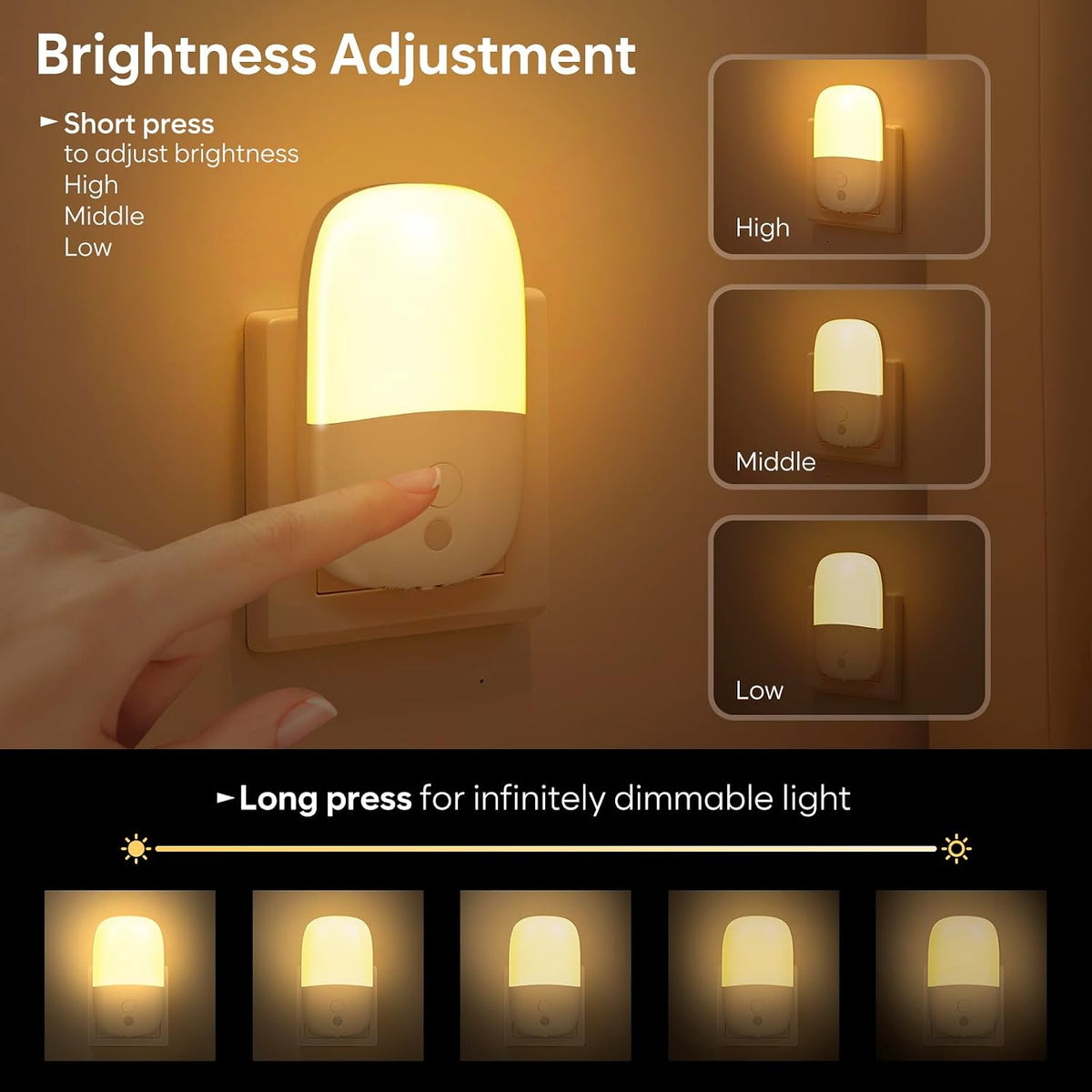 Night Lights Plug into Wall, Dimmable LED Nightlight with Sensor, 4 Pack