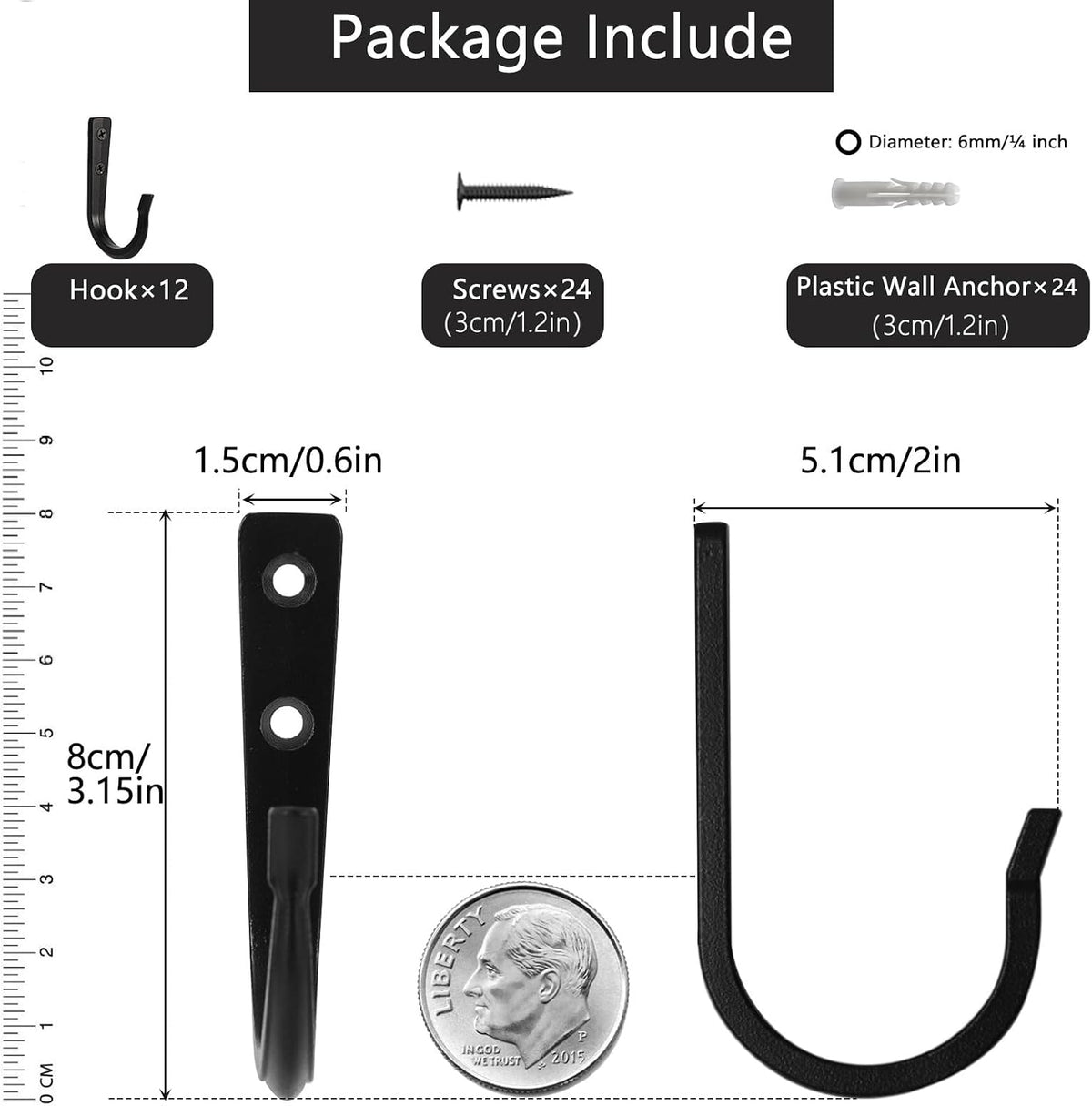 12Pcs Wall Hooks for Hanging Coat/Towel - 50LB Screw in Metal Hanger Wall Mount, for Outdoor, Closet, Door, Bathrooms, Backpack, Robe