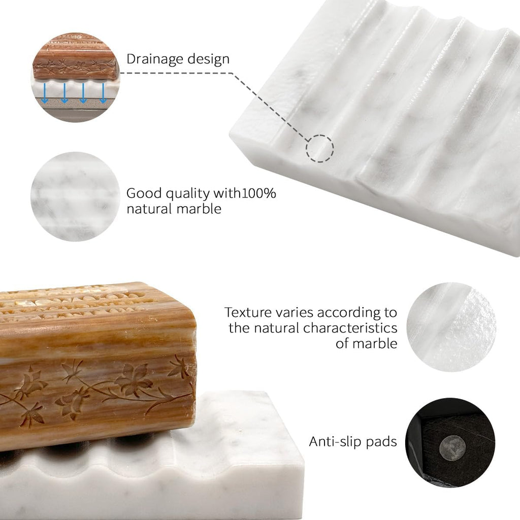 WeDoDecor Real Marble Soap Dish for Shower Stone Tray Small Bar Soap Holder with Self Draining | Non-Slip, Luxury Bath Room Accessories (White)