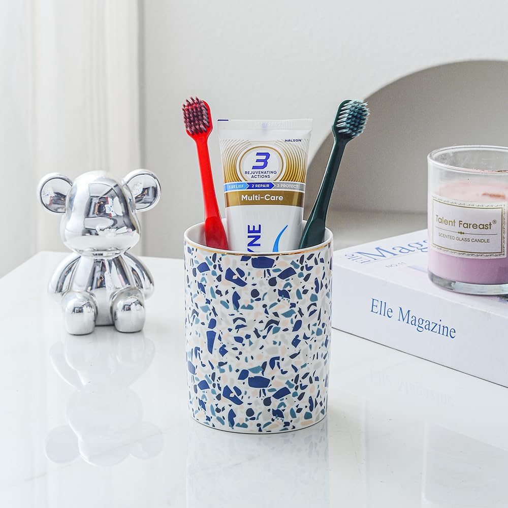 Ceramic Toothbrush Holder Toothpaste Holders, Cute Bathroom Tumbler Cups Reusable,Checkered Bathroom Counter Decor Organizer, Makeup Brush Holder,Pen Holder (Terrazzo)