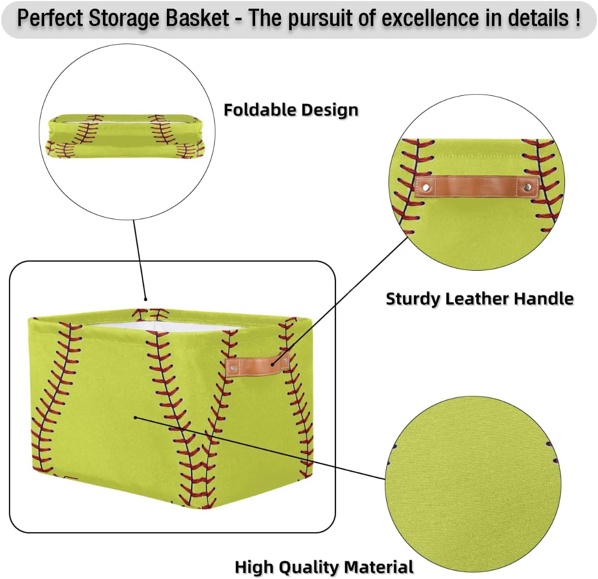 Large Storage Baskets for Organizing Shelves Sport Softball Yellow Baseball Foldable Cube Storage Bins with Handles Rectangle Fabric Closet Organizers for Home Toys Nursery, 1 Pack