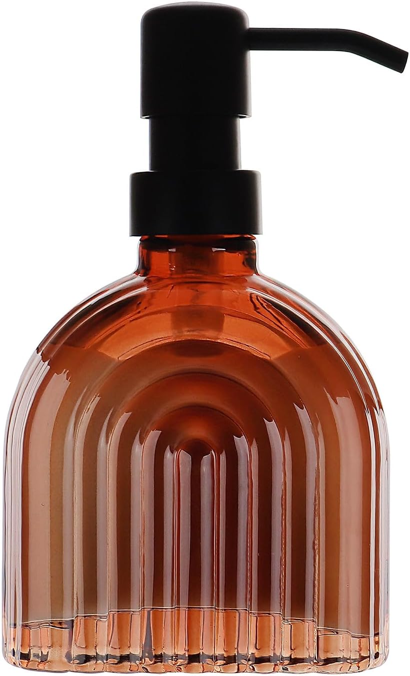 Glass Soap Dispenser for Kitchen and Bathroom Contertop Wash Hand Liquid, Dish Detergent, Farmhouse Style Shampoo Lotion Pump (1, Brown Glass with Black, 4" x 2"x 6-5/8")