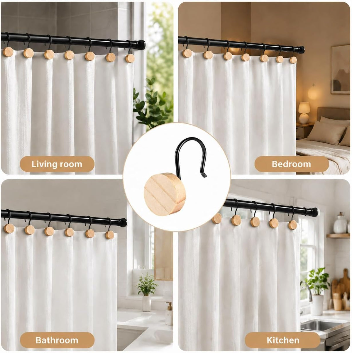 Wood Shower Curtain Hooks with Black Metal Rings, Set of 12 Decorative Hardware for Bathroom Rods