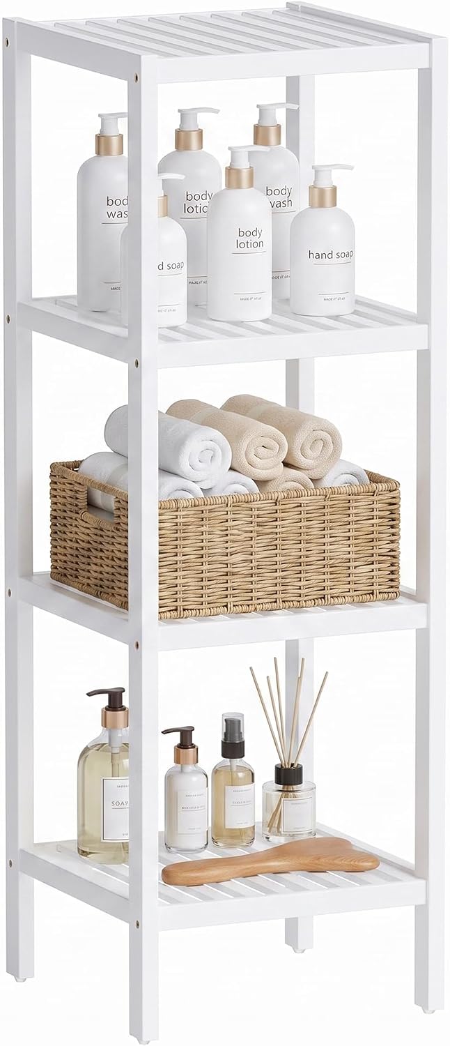 SMIBUY Bathroom Storage Shelf, 4-Tier Bamboo Rack Organizer, Multifunctional Shelving Unit for Living Room Bedroom Kitchen (White)