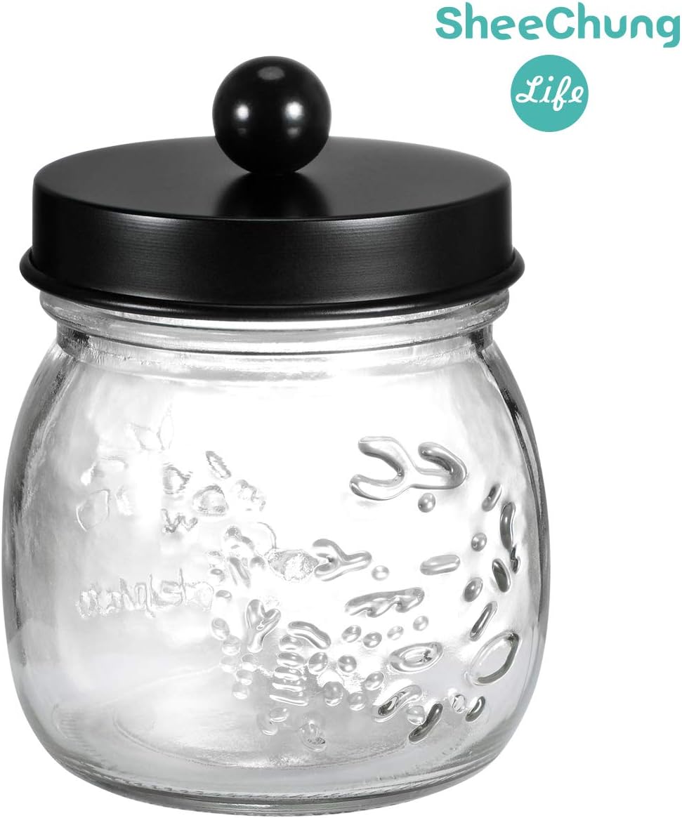 SheeChung Small Glass Mason Jar Qtip Holder with Black Stainless Steel Lid