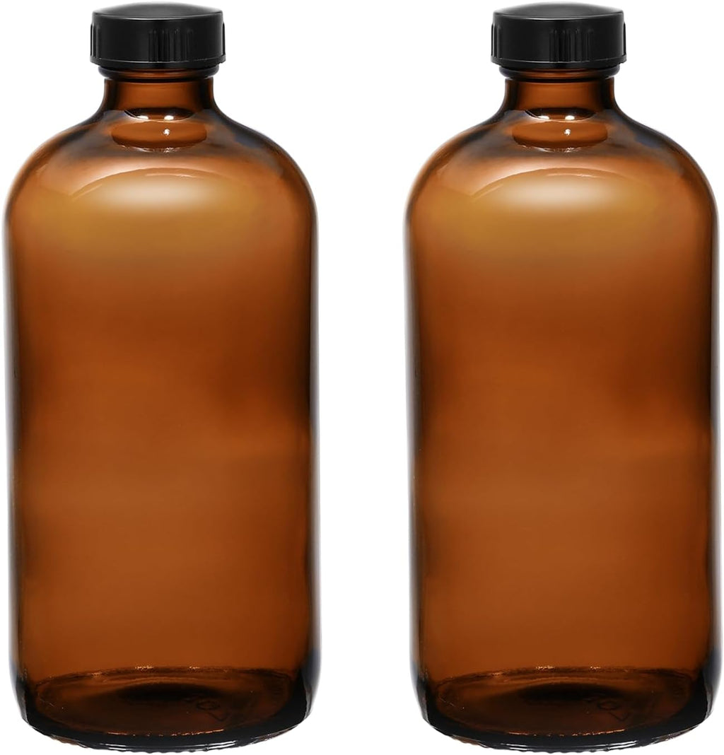 16 oz Amber Glass Boston Round Bottles, 2 Pack