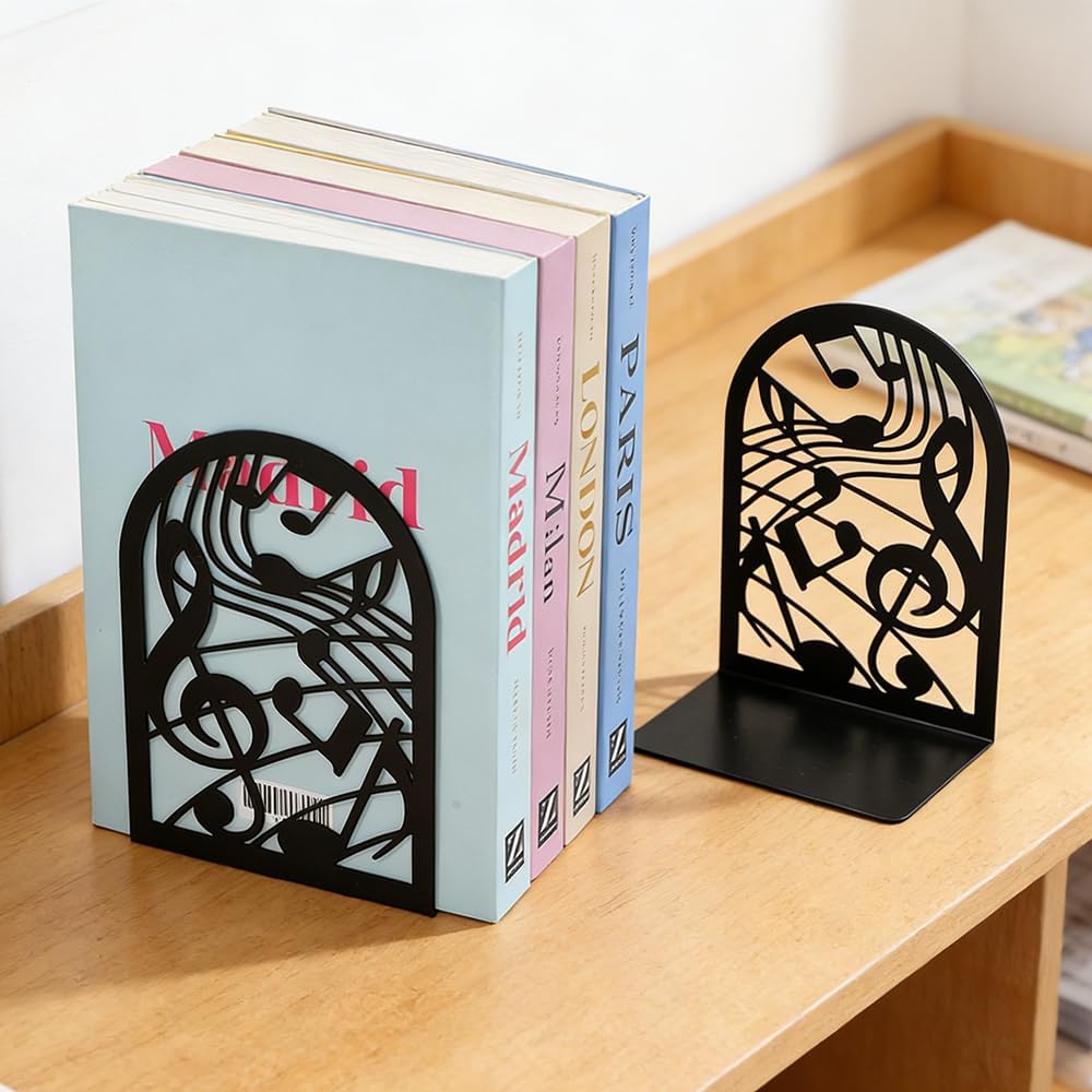 Music Note Book Ends, Heavy Duty Metal Bookends for Shelves