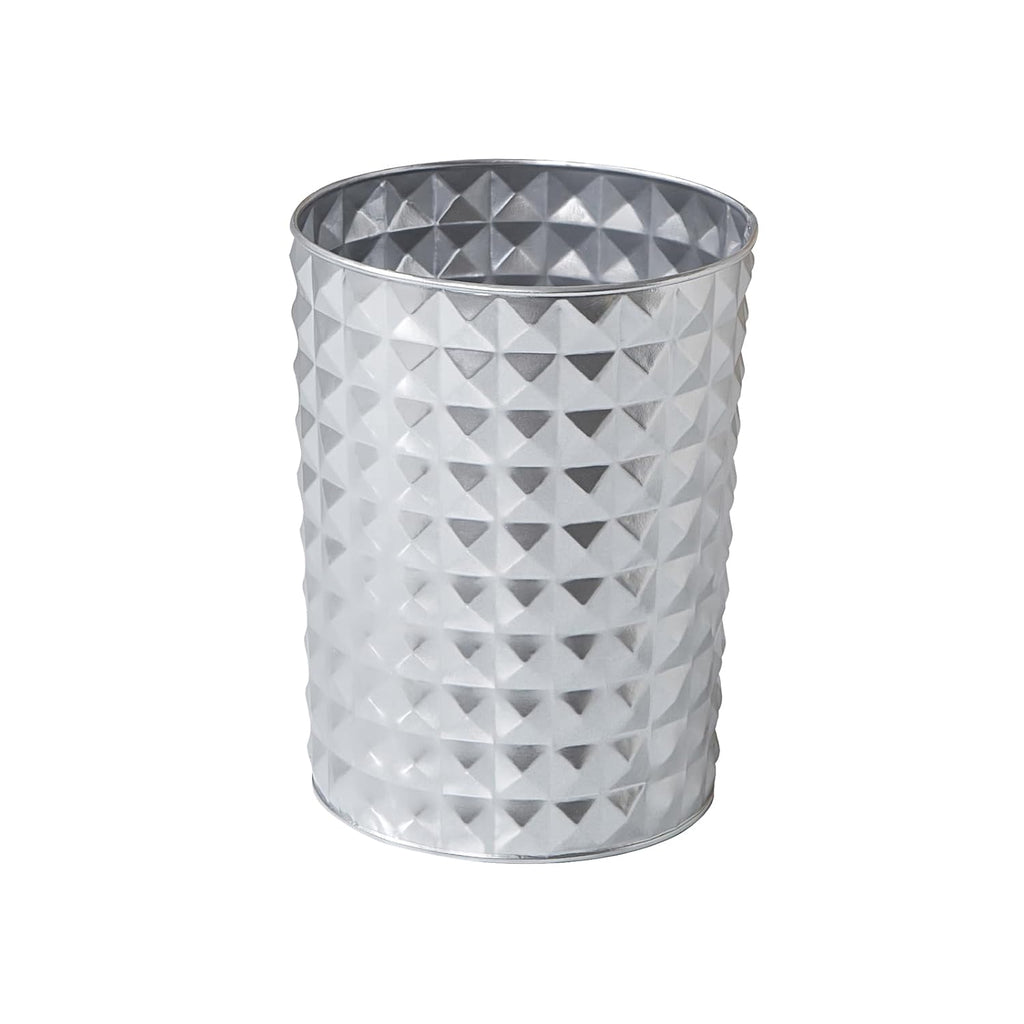 Venalys Small Round Metal Trash Can Wastebasket, Decorative Diamond Pattern Garbage Can Waste Paper Bin, Modern Farmhouse Round Trash Bin for Bathroom, Bedroom, Kitchen and Office (Silver)