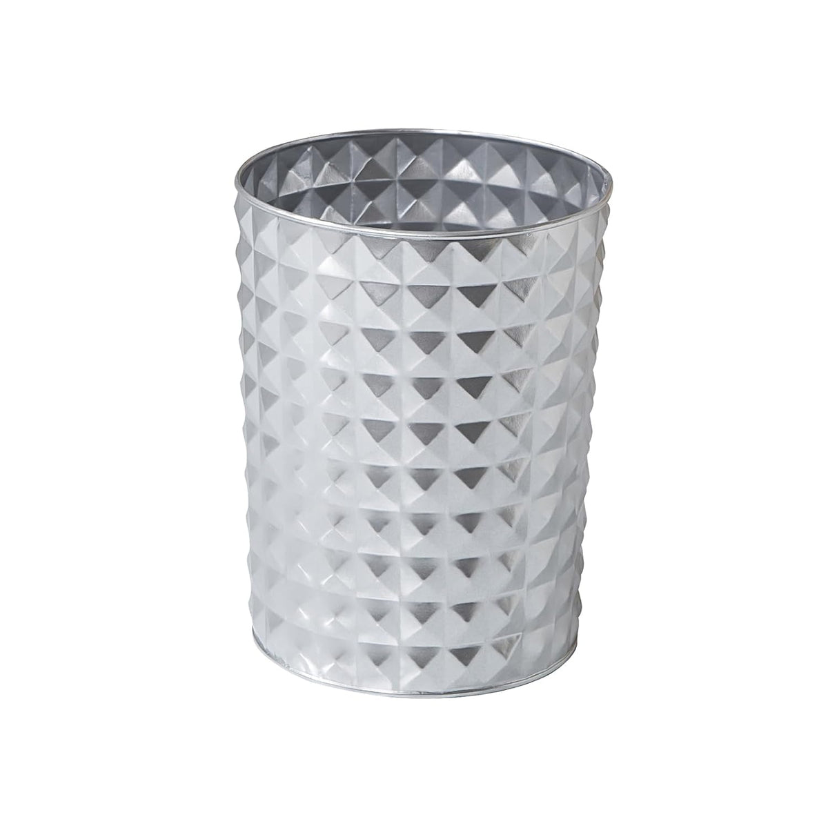 Venalys Small Round Metal Trash Can Wastebasket, Decorative Diamond Pattern Garbage Can Waste Paper Bin, Modern Farmhouse Round Trash Bin for Bathroom, Bedroom, Kitchen and Office (Silver)
