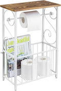 MyGift White Toilet Paper Holder Stand with Wood Shelf & Magazine Basket