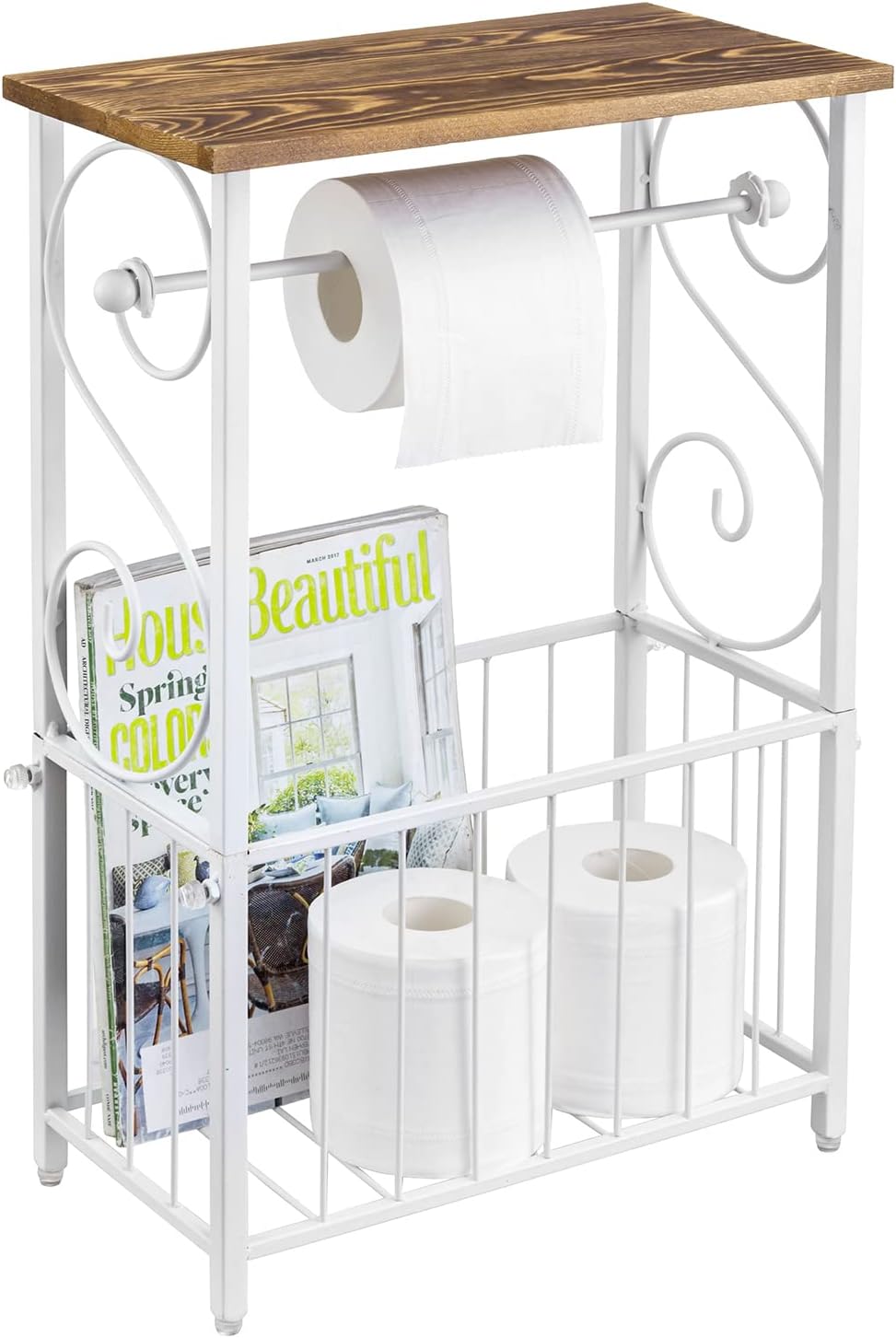MyGift White Toilet Paper Holder Stand with Wood Shelf & Magazine Basket